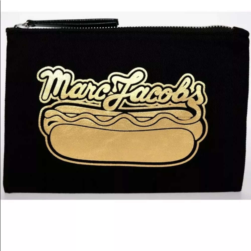 Marc Jacobs Black Canvas Zip Pouch w/ Metallic Gold Hot Dog Logo NEW